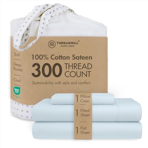 Threadmill Home Linen Twin Sheets - Pure Long Staple Cotton Sateen Weave, 3 Piece 300 Thread Count Bedsheet Set, Solid Light Blue Sheets with Elasticized Deep Pocket