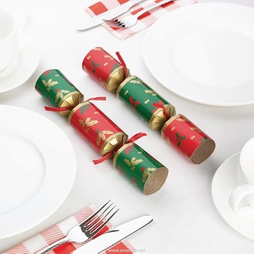 "Stalwart Christmas Crackers 9"" (Pack of 50) Compostable Plastic-Free Xmas Table Crackers, Holly Pattern Contains a Hat and Joke, Next Day Delivery"