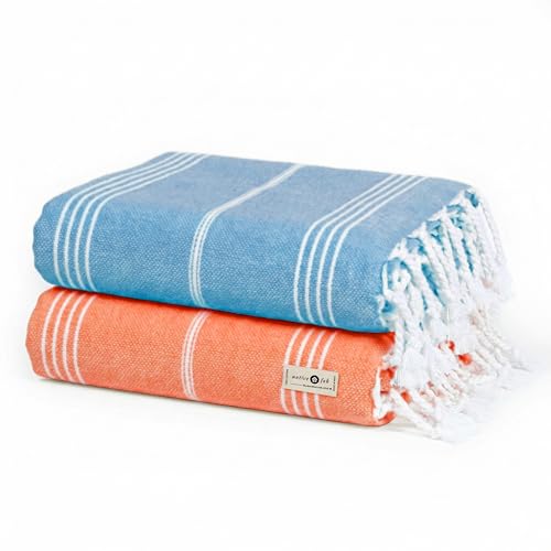 "Native Fab Turkish Striped Beach Towels, 2 Pack, Oversized 40""x71"", Quick Dry, 100% Cotton, Lightweight, Soft, Sand Free, Absorbent Towel for Bath, Pool, Summer - Turquoise Blue, Orange"