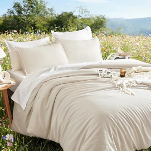 Litanika Oversized Queen Comforter Set, 3 Pieces Beige Solid Bedding - Soft Fluffy Down Alternative All Season Quilt Blanket