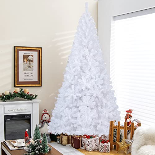 GYMAX 5FT/ 6FT/ 7FT/ 8FT Artificial Christmas Tree, Traditional White Xmas Tree with Metal Stand, Indoor Outdoor Christmas Decoration and Gift (8 FT)