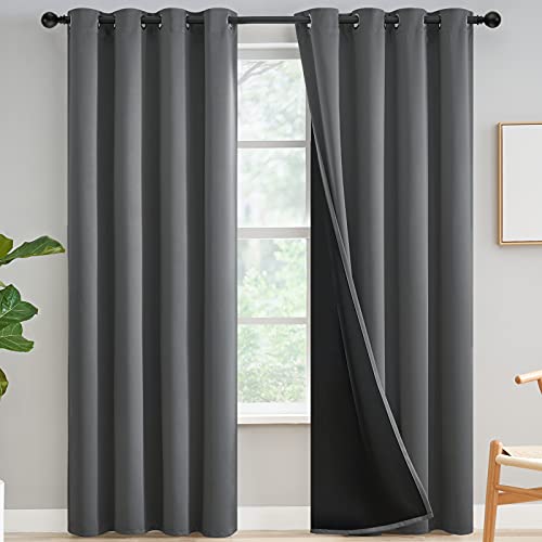 Yakamok 84 Inch Length 100% Blackout Curtains for Bedroom, Gray Total Light Blocking Drapes, Soft Heavy Weight Full Room Darkening Solid Grommet Panels for Living Room, 52Wx84L, Grey, 2 Panels