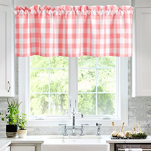 Hiasan Buffalo Plaid Kitchen Curtains Valances for Windows - Semi Sheer Checkered Rod Pocket Valance for Living Room, Farmhouse, Bedroom, 42 x 18 Inches Length, Pink and White, 1 Panel