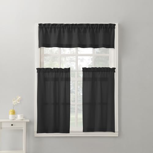 "No. 918 Martine Microfiber Semi-Sheer Rod Pocket Kitchen Curtain Valance and Tiers Set, 54"" x 36"", Black"
