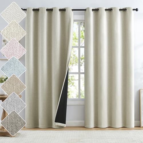 "Natural Faux Linen Textured Full Blackout Curtain Panels for Bedroom/Living Room, Rustic Farmhouse Burlap Textured Look Thermal Insulated Window Panel Drapes 52""x63""x2 Beige/Ivory"