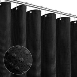 MitoVilla Extra Long Black Waffle Fabric 84 inch Shower Curtain, Farmhouse XL Shower Curtains for Bathroom Decor, Luxury Weighted 72 x 84 inch Shower Curtain