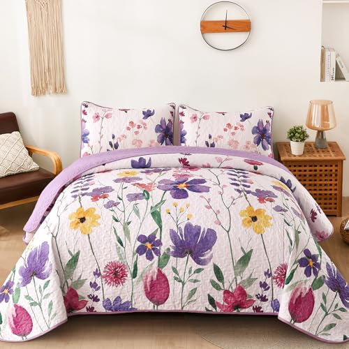 "Anibedding Purple Quilt Set Queen, Floral Pattern Microfiber Bedspreads Queen Size 3 Pieces Lightweight Reversible Bedding Set with 2 Pillowcases(96""x90"")"