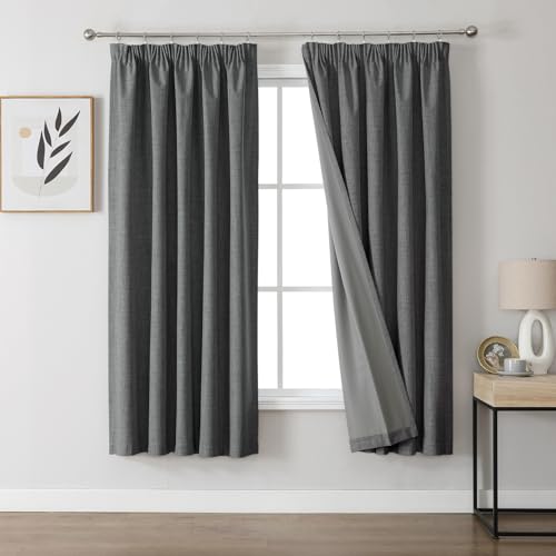 Joydeco 100% Blackout Curtains, Linen Curtains with Ruffle Tape, Set of 2, H 160 x W 132 cm, Grey, Thermal Curtain, Cold Protection, Opaque, Sound Protection, Ideal for Living Room, Matches Rail