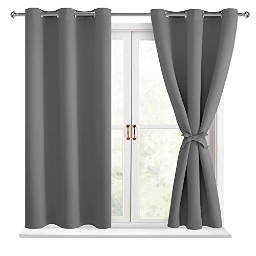 Hiasan Blackout Curtains for Bedroom - Thermal Insulated & Light Blocking Window Curtains for Living Room, 2 Drape Panels Sewn with Tiebacks, Light Grey, 38 x 54 Inch