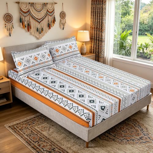 MAG 3PCS Colorful Bohemian Bed Sheet Twin Size, Retro Orange Printed Boho, Microfiber Bedding Sheet, 1 Fitted Sheet with 2 Pillowcases, 14 Inches Deep