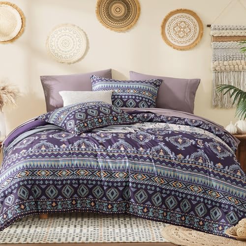 Queen Comforter Set - 7 Pieces Boho Bedding Set Aztec Bed in A Bag - Southwestern Bedding, All Season Tribal Bed Set with Comforter, Sheets, Pillowcases & Shams, Dark Purple