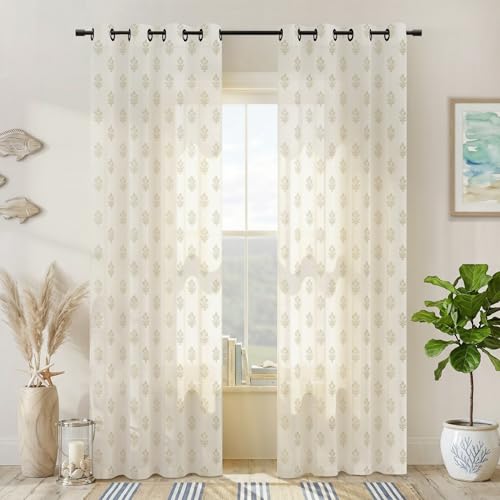Beige Curtains for Living Room,French Country Sheer Linen Boho Floral Pattern Modern Farmhouse Dining Room Curtains 84 Inch Length 2 Panels Set