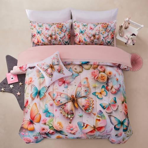 A Nice Night 6pcs Bed in A Bag Pink and Blue Dreamy 3D Butterfly Printed, Butterflies Bedding Twin Comforter Set, for Girls Kids Teens