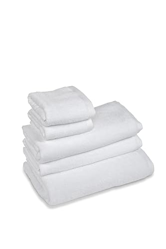 Terry Towel Set 100% Cotton, 2 Face 60 x 100 + 2 Guest Towels 40 x 60 + 1 Towel 90 x 140 cm, Pack of 5, 450 g/m², Double Twisted, Ideal for B&B and Hotel, Wash-resistant, White
