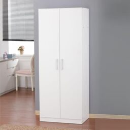 Home Source 2 Door Wardrobe – White Modern Hinged Door Wardrobe with Hanging Rail & Top Storage Shelf – Durable Particleboard Bedroom Furniture, Easy Flat Pack Home Assembly