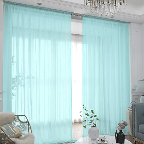 "L&TEC Window Lake Blue Sheer Curtains 90 Inches Long 2 Panels Sheer Curtain Basic Rod Pocket Panel for Bedroom Children Living Room Yard Kitchen (Lake Blue, 52"" W x 90"" L - 2 pcs)"