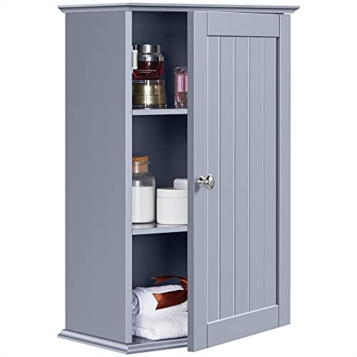 Yaheetech Bathroom Cabinet Single Wall Mounted Bathroom Storage Cabinet Wooden Cupboard with Adjustable Shelves, 21D x 35W x 55H cm, Grey