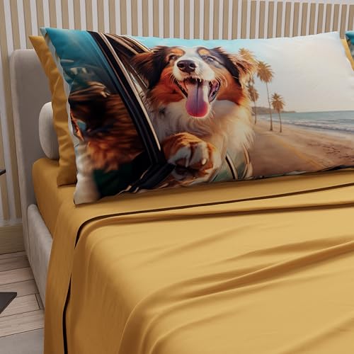 PETTI Artigiani Italiani - Animal Bed Linen with Dogs in Cotton with Pillowcases in Digital Print, Pizza and Half Sheets, Yellow Double Bed Set, 100% Made in Italy