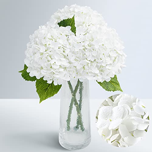 "Waipfaru 21"" Real Touch White Hydrangea Artificial Flowers with Long Stem & Leaves, Full Latex Faux Hydrangea Flowers for Home Decor Party Floral Arrangements Wedding Bouquets Centerpieces, 3Pcs"