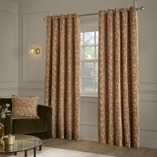 Paoletti Aurelio Eyelet Curtain Pair (Caramel - 229x137cm) - Woven Jacquard Chenille Soft Texture Abstract Room Darkening Lined Curtains