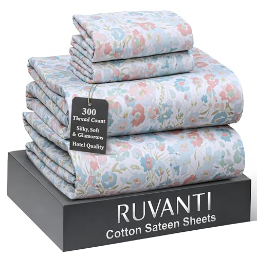 "Ruvanti 100% Cotton Sateen Sheets California King Size, Pastel Hit - Cal King Sheets 300 Thread Count 4 Piece Set, 14"" Deep Pocket, Cooling Bed Sheets For Hot Sleepers, Breathable & Durable"