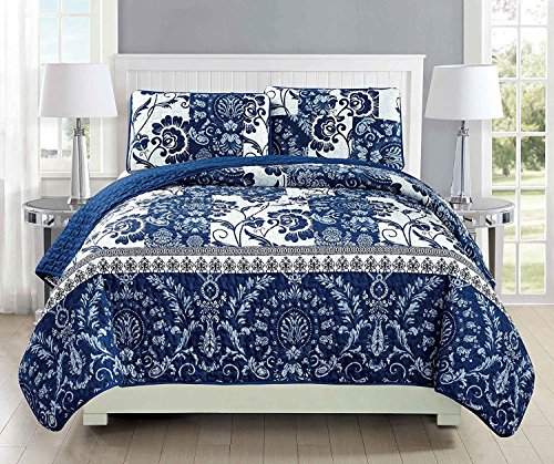 Fancy Collection 3pc Quilted Bedspread Set Coverlet Over Size New (Full/Queen, Navy Blue, White)