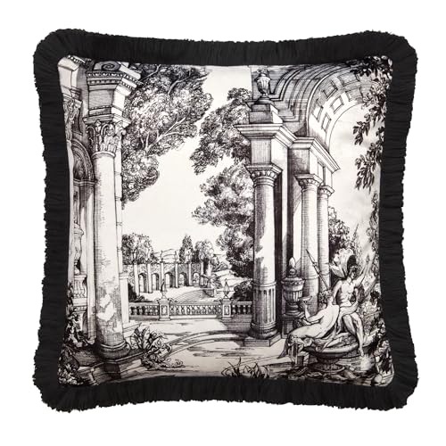 Laurence Llewelyn-Bowen Cushion Cover, Classical Toile Pattern, Velvet, 43 x 43 cm, Monochrome, 100% Recycled Polyester, Square, Fringed Edge