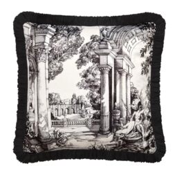 Laurence Llewelyn-Bowen Cushion Cover, Classical Toile Pattern, Velvet, 43 x 43 cm, Monochrome, 100% Recycled Polyester, Square, Fringed Edge