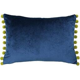 "Riva Paoletti Fiesta Rectangular Feather Filled Cushion Blue Yellow Pompom Edges-Faux Velvet Fabric-Discreet Zip Closure-100 Case (14"" x 20"" inches), Polyester, Indigo/Olive, 35 x 50cm"