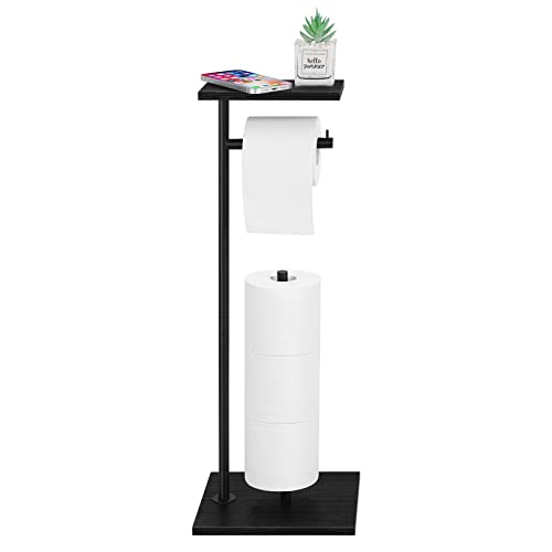 Toilet Paper Holder Free Standing Black Bathroom Toilet Paper Holder Stand with Storage Shelf, Freestanding Roll Tissue Holders Dispenser for Reserve Spare Mega Rolls
