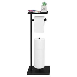 Toilet Paper Holder Free Standing Black Bathroom Toilet Paper Holder Stand with Storage Shelf, Freestanding Roll Tissue Holders Dispenser for Reserve Spare Mega Rolls