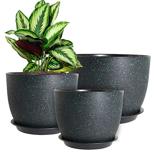 WOUSIWER 10/9/8 inch Plant Pots, Set of 3 Modern Decorative Plastic Planters with Drainage Holes and Saucers for House Plants Indoor Flowers Plants, Black Speckles