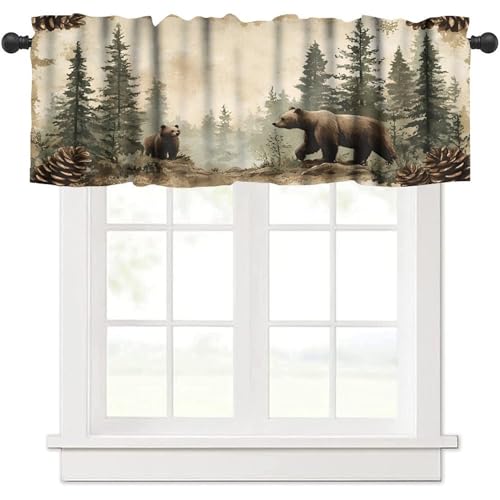 GoDazzling Rustic Farmhouse Animal Kitchen Curtain Valance, Vintage Bear Forest Tree Wildlife Animal Country Window Drapes, for Living Room Bedroom 1 Panels W54xL18in