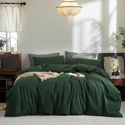 FOSSA Duvet Cover Set 100% Washed Cotton Linen Feel Twin - Super Soft Breathable Lightweight & All Season Bedding Set with Hidden Zipper & 8 Corner Ties (Forest Green)