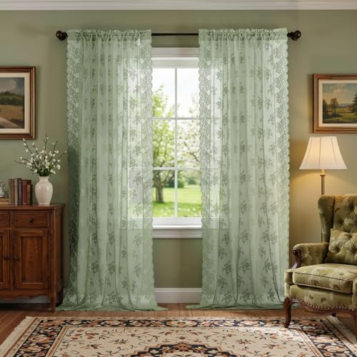 Kotile Sage Green Sheer Curtains 96 Inches Long, Country Rustic Floral Lace Curtains for Living Room Bedroom, Rod Pocket Privacy Green Sheer Lace Curtains, 52 x 96 Inch, 2 Panels, Sage Green