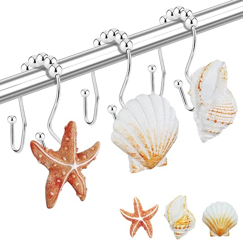 Yapicoco Shower Curtain Hooks Rings, 12PCS Anti Rust Seashell Decorative Double Resin Shower Hooks for Beach Bathroom, Baby Room, Bedroom, Living Room D??cor