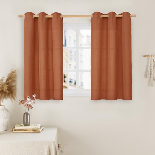 LAMIT Short Linen Curtains 40 Inch Length for Small Windows, Light Filtering Neutral Window Curtains Farmhouse Boho Grommet Panels for Kitchen/Bathroom/Cafe, 2 Panels, Terracotta, 42 x 40 Inch