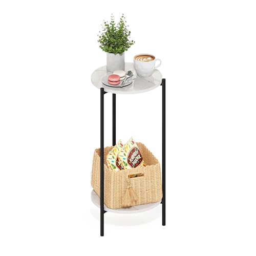 Furinno BESI Side Table, 2-Tier Tall Round End Table with Metal Legs, Metal Frame Night Stand, Bedside Table with Open Shelf, for Living Room, Bedroom, Marble White