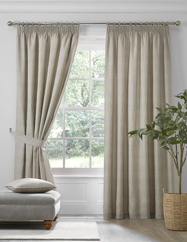 Dreams & Drapes - Natural Blackout Pencil Pleat Curtains W90 x L90 (229 x 229cm) - 2x Tie Backs Included - Heavy Weight - Thermal & Soundproof - Natural for Bedroom & Living Room