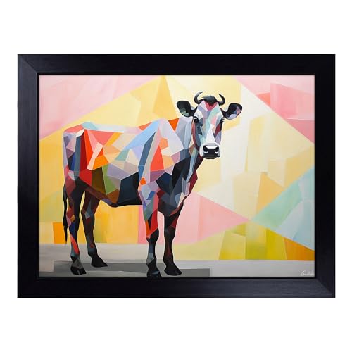 Lap Tray with Bean Bag Cushion, Cow Geometric - Handmade in the UK, Raised Wooden Edge, Padded Cushion, Heat-Resistant Wipe-Clean Surface, for Meals, Laptops and Crafts