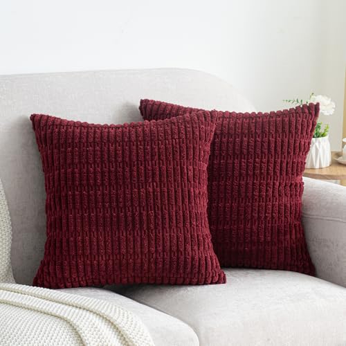Smile of hope Pack of 2, Burgundy Corduroy Throw Pillow Covers 16 x 16 Inch - Striped decorative pillow covers with hidden zipper, anti-pilling, fade resistant & machine washable, farmhouse sofa decor