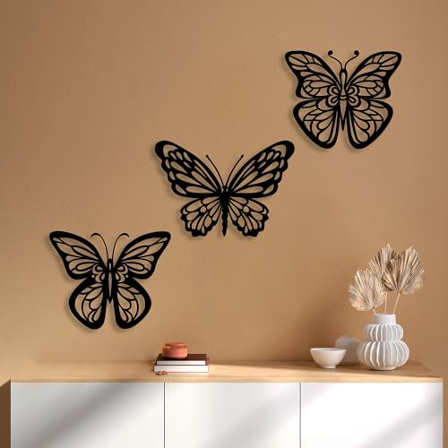 Stylish Black Decorative Metal Wall Accessory (3 Pieces) - 100% Metal, 1.5 mm Thick - Sizes: 32 x 26 cm, 36 x 25 cm, 30 x 25 cm - Easy Wall Hanging, Modern Design