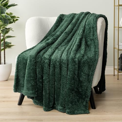 PAVILIA Plush Sherpa Throw Blanket for Couch Sofa - Soft Fluffy Shaggy Fleece Blanket - Fuzzy, Cozy, Warm Microfiber Throw Solid Blanket, Emerald Green Forest, 50x60