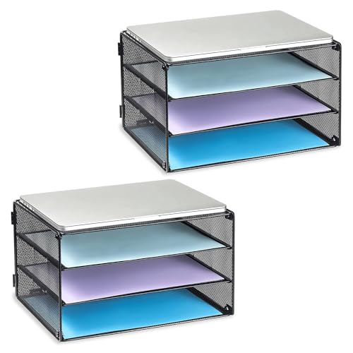 DALTACK 3 Tier Letter Tray Paper Organizer for Desk, Mesh Metal Desk File Organizer with Sliding Trays for Letter/A4 Paper, Mail, Bills & Folders, 2 Pack, Black