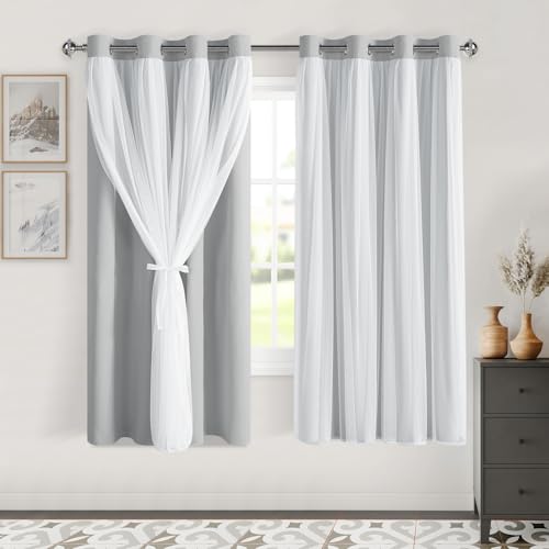 "DWCN Blackout Curtains with Sheer Overlay 63 Inch Long, Cloud Grey, 2 PCS - Room Darkening Mix & Match Double Layer Opaque Window Curtain Panels for Bedroom Living Room Drape, Grommet Top, 52"" Wx63"" L"