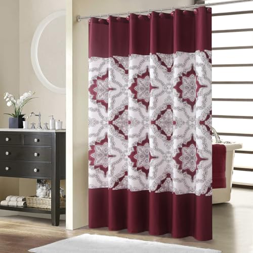 BESTRIPES Extra Long Burgundy Shower Curtain 90 Inches, Water Repellent Fabric with Medallion Pattern, 12 Metal Grommets & Weighted Hem
