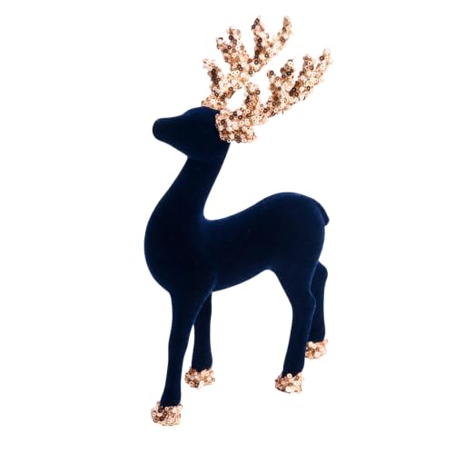 Christmas Velvet Reindeer Figurine 23cm - Midnight Blue Flocking Deer Ornament with Sequin Glitter Antlers - Festive Table Decoration for Mantel, Shelf, Centerpiece and Home Dรฉcor