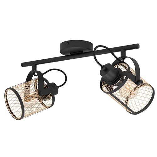 Eglo Ceiling lamp Dellow, 2-Light spot bar, Industrial Grid lamp, Black and Brass Metal Spotlight with E27 Socket