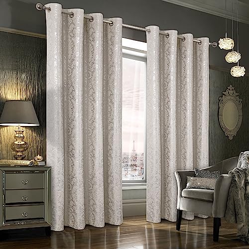 always4u 100% Blackout Foil Print Ridged Velvet Curtains Damask 95 Inches Long Drapes 2 Panels Shiny Metallic Window Treatment Natural 54 * 95 Inches