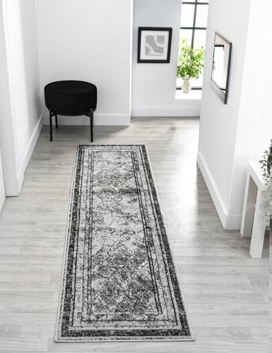 Obsidian Modern Low Pile Area Rug - Polypropylene Weaving - Jute Backing - Floral Traditional Abstract Designs Rugs, Grey, 60x220 cm